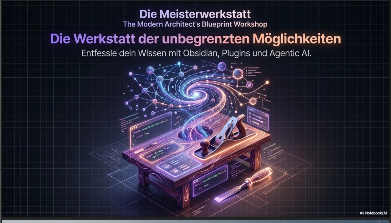 Die Meisterwerkstatt — Die Werkstatt der unbegrenzten Möglichkeiten. Entfessle dein Wissen mit Obsidian, Plugins und agentischer AI.