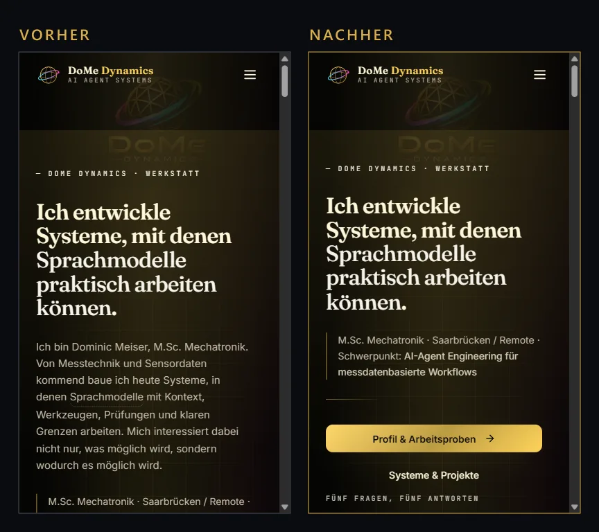 Startseite auf dem Handy im Vergleich: links vorher, die Knöpfe liegen unterhalb des sichtbaren Bereichs; rechts nachher, Statuszeile und beide Knöpfe stehen im ersten Bildschirm